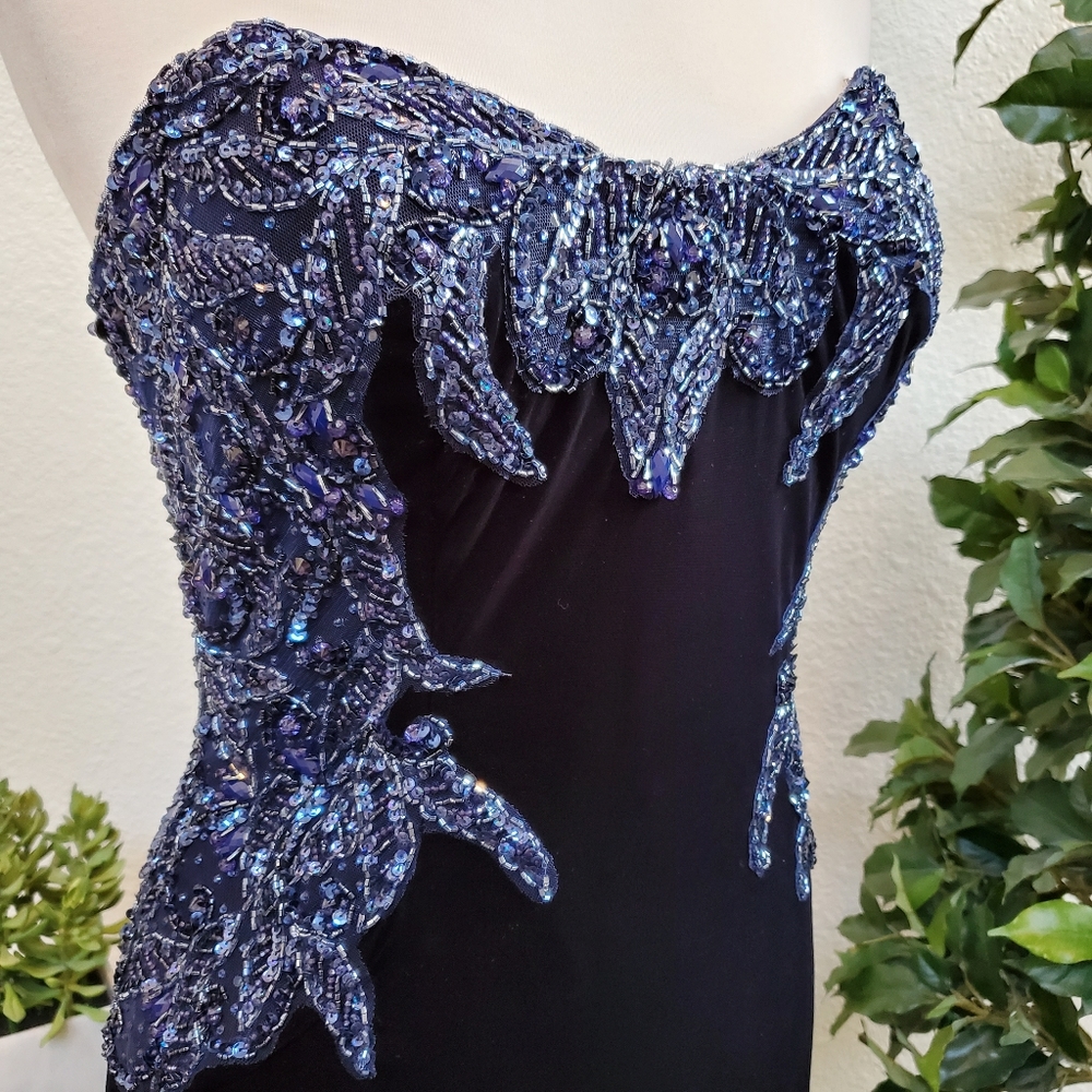 NWT Mac Duggal Velvet Navy Sequined Bustier Dress - Picture 2 of 8